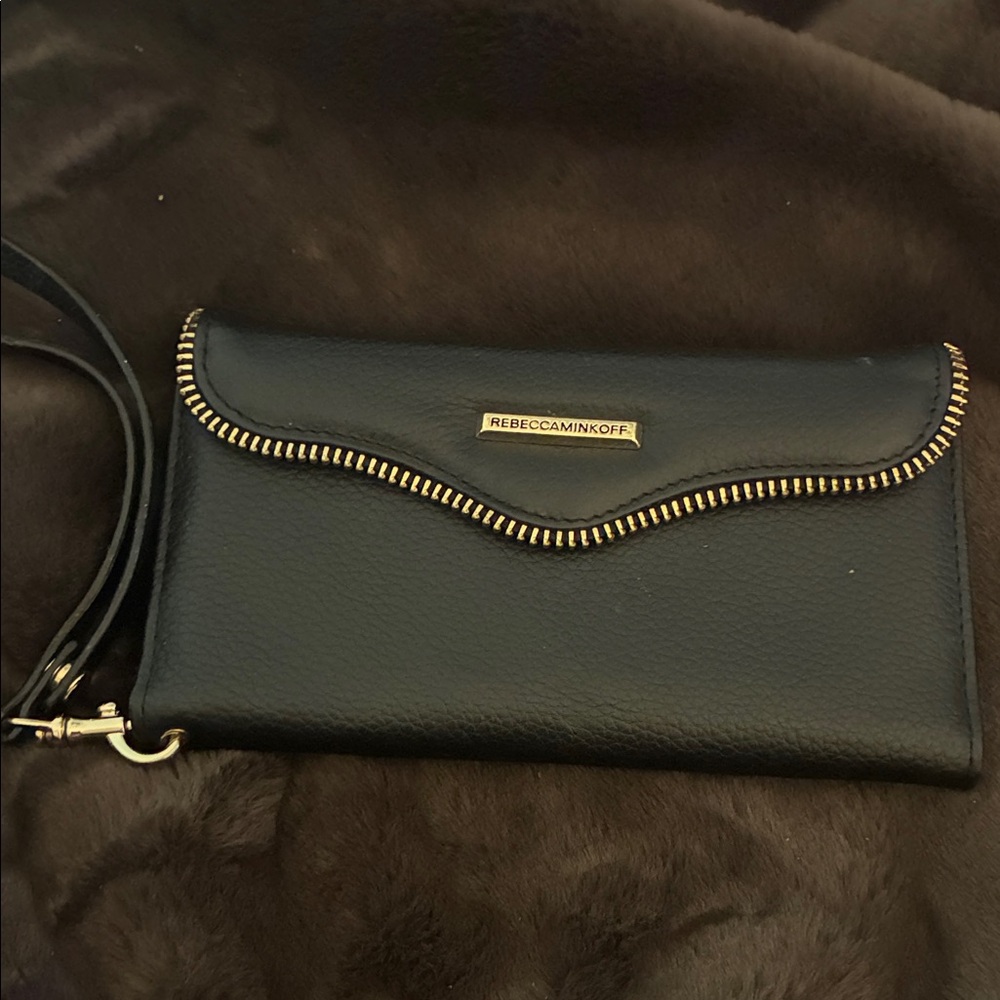 Rebecca‎ Minkoff black Leather Wristlet/ phone holder  with Gold Accents